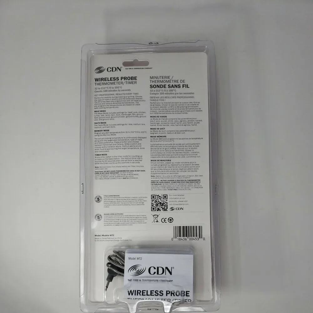 Wireless Probe Thermometer Timer Meat Poultry Roasts NEW Factory Sealed WT2 CDN